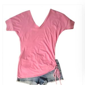 Moda Intl Very Pretty Pink Top with Low V Neck & Tied on One Side Sz S (or S/M)